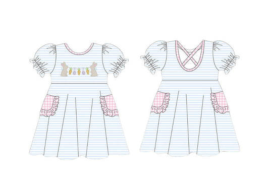 ( Moq 5 ) Preorder Baby Girls Rabbits Carrots Blue Stripes Easter Pockets Knee Length Dress