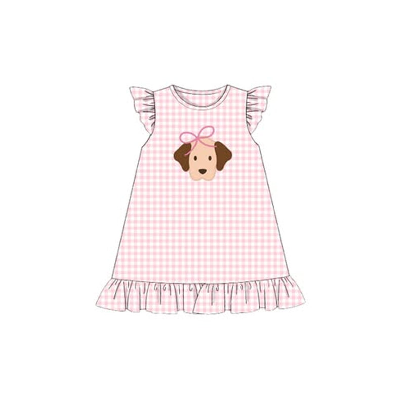 ( Moq 5 ) Preorder Baby Girls Short Sleeves Dog Plaid Pink Knee Length Dress