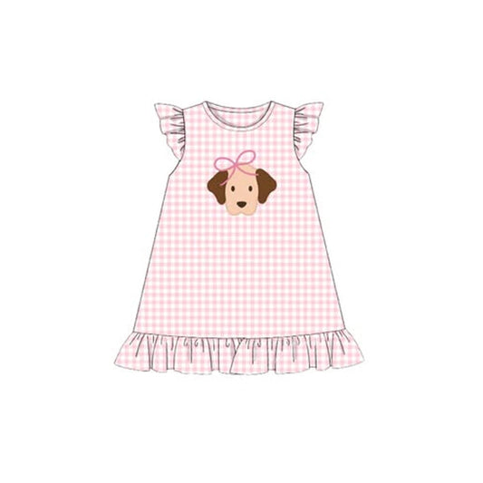( Moq 5 ) Preorder Baby Girls Short Sleeves Dog Plaid Pink Knee Length Dress