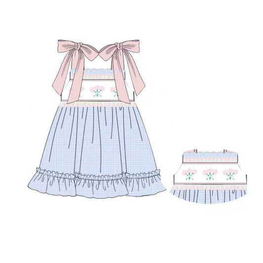 ( Moq 5 ) Preorder Baby Girls Bows Flower Plaid Ruffle Knee Length Dress