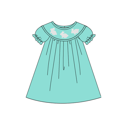 ( Moq 5 ) Preorder Baby Girls Short Sleeves Rabbits Easter Green Knee Length Dress