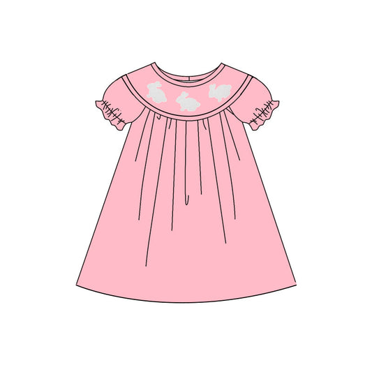 ( Moq 5 ) Preorder Baby Girls Short Sleeves Rabbits Easter Pink Knee Length Dress