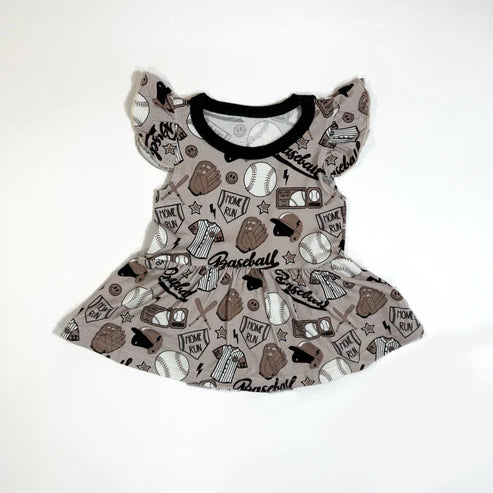 ( Moq 5 ) Preorder Baby Girls Short Sleeves Baseball Ruffle Knee Length Dress