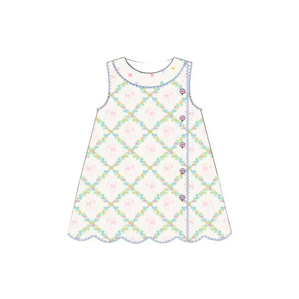 ( Moq 5 ) Preorder Baby Girls Rabbits Bows Floral Buttons Easter Knee Length Dress