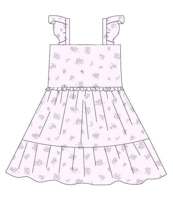 ( Moq 5 ) Preorder Baby Girls Kids Short Sleeves Floral Ruffle Knee Length Dress