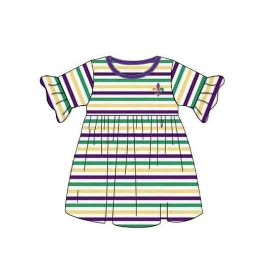 ( Moq 5 ) Preorder Baby Girls Mardi Gras Anchors Stripes Knee Length Dress