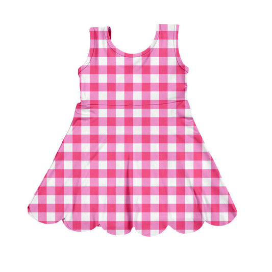 ( Moq 5 ) Preorder Baby Girls Sleeveless Pink Plaid Yoga Shorts Knee Length Dress