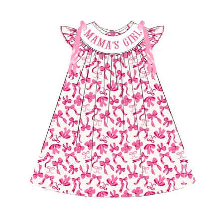 ( Moq 5 ) Preorder Baby Kids Short Sleeves Mamas Girl Pink Bows Knee Length Dress