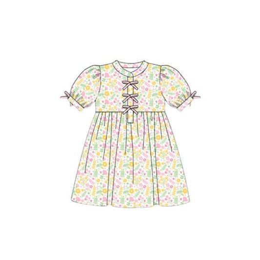 ( Moq 5 ) Preorder Baby Girls Short Sleeves Floral Bows Knee Length Dress