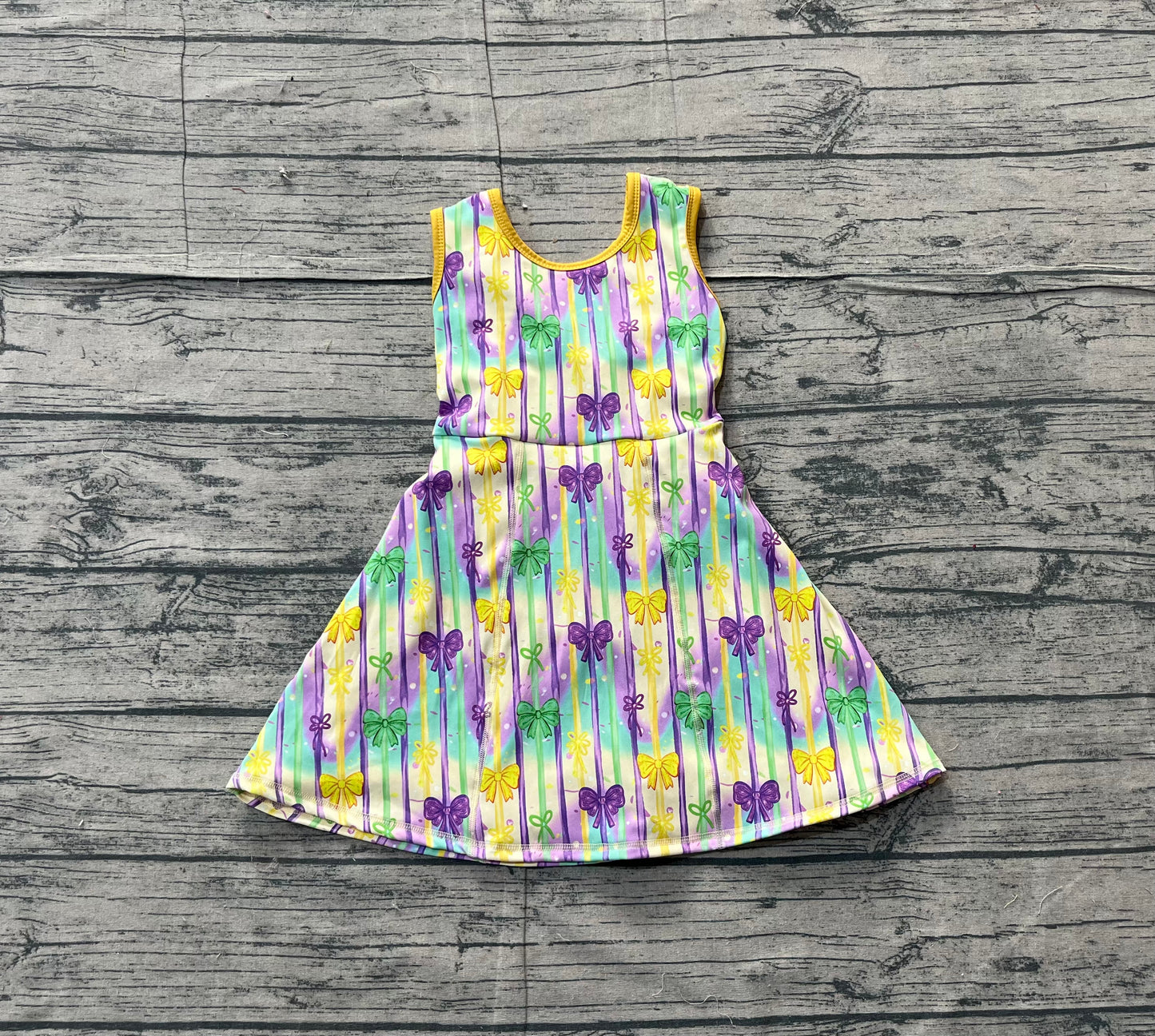 Baby Girls Sleeveless Mardi Gras Bows Stripes Yoga Shorts Knee Length Dress RTS