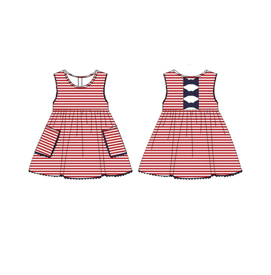( Moq 5 ) Preorder Baby Girls Red Stripes Pockets Bows July 4th Knee Length Dress