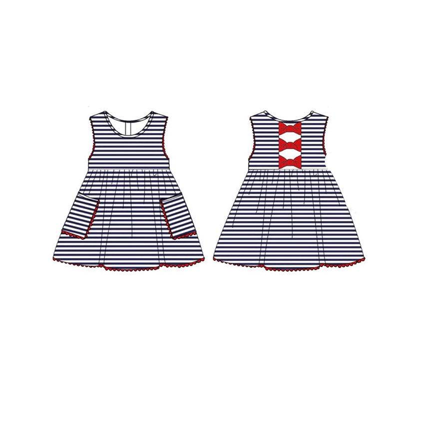 ( Moq 5 ) Preorder Baby Girls Stripes Pockets Red Bows July 4th Knee Length Dress