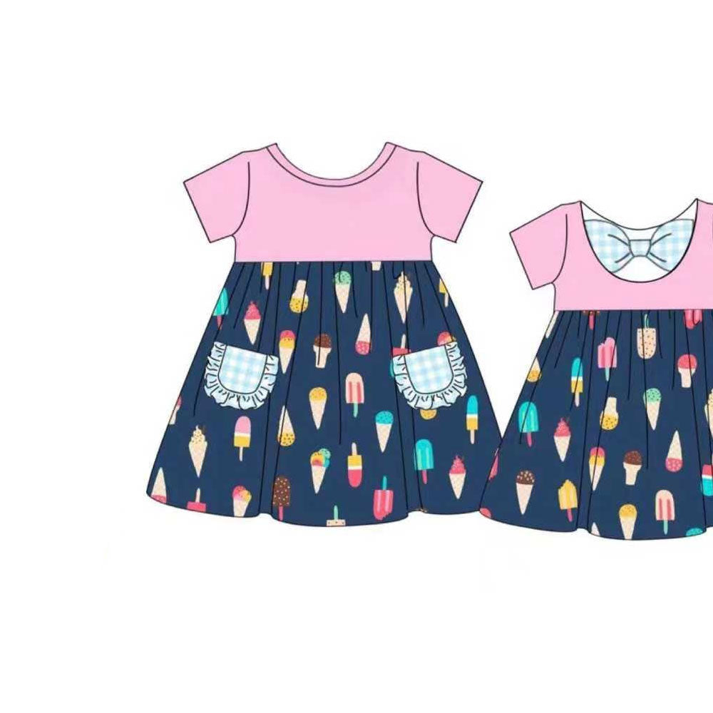 ( Moq 5 ) Preorder Baby Girls Short Sleeves Popsicles Pockets Knee Length Dress