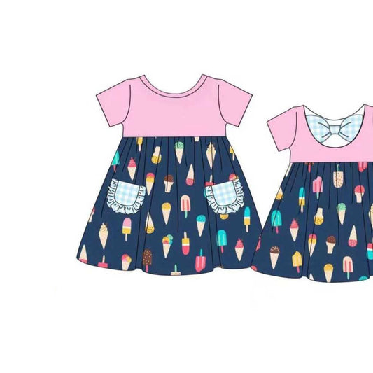 ( Moq 5 ) Preorder Baby Girls Short Sleeves Popsicles Pockets Knee Length Dress