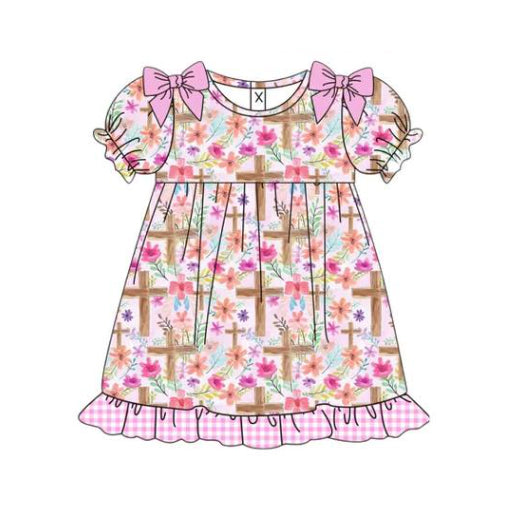 ( Moq 5 ) Preorder Baby Girls Flower Crosses Bows Easter Ruffle Knee Length Dress