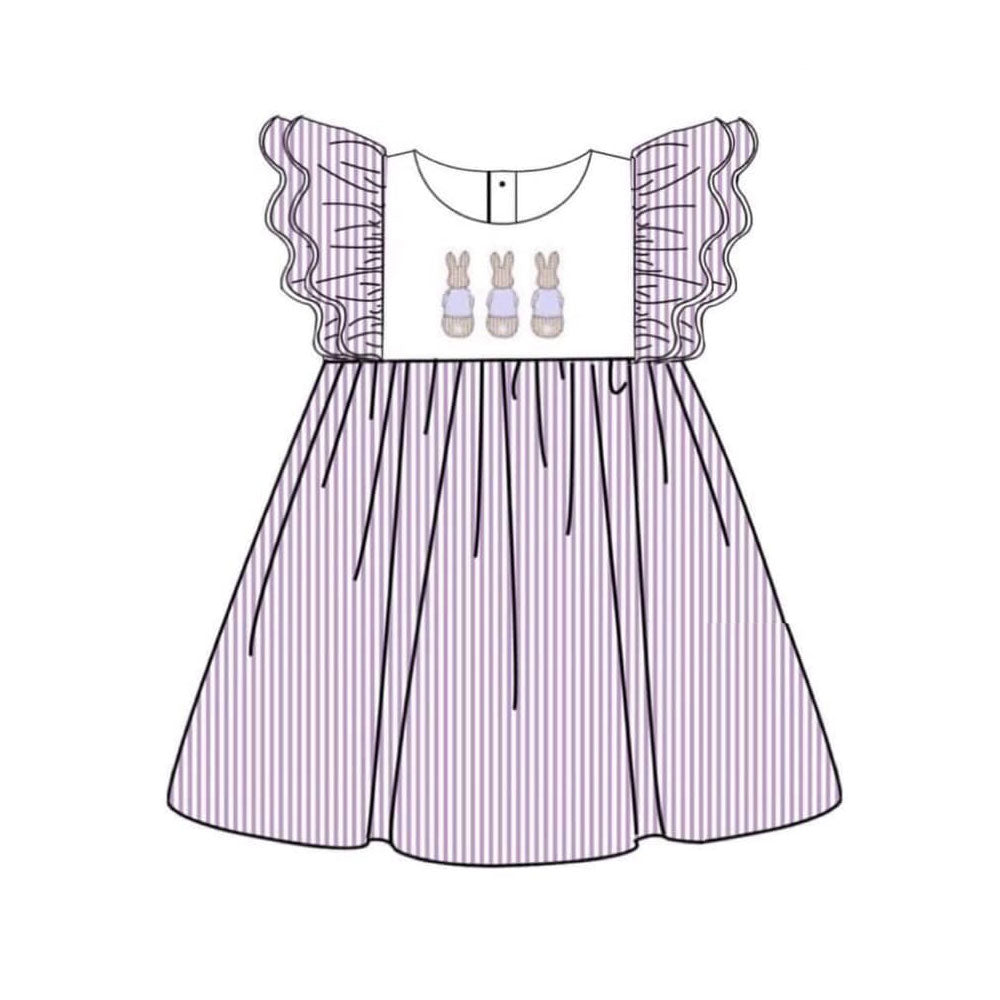 ( Moq 5 ) Preorder Baby Girls Short Sleeves Rabbits Stripes Easter Knee Length Dress