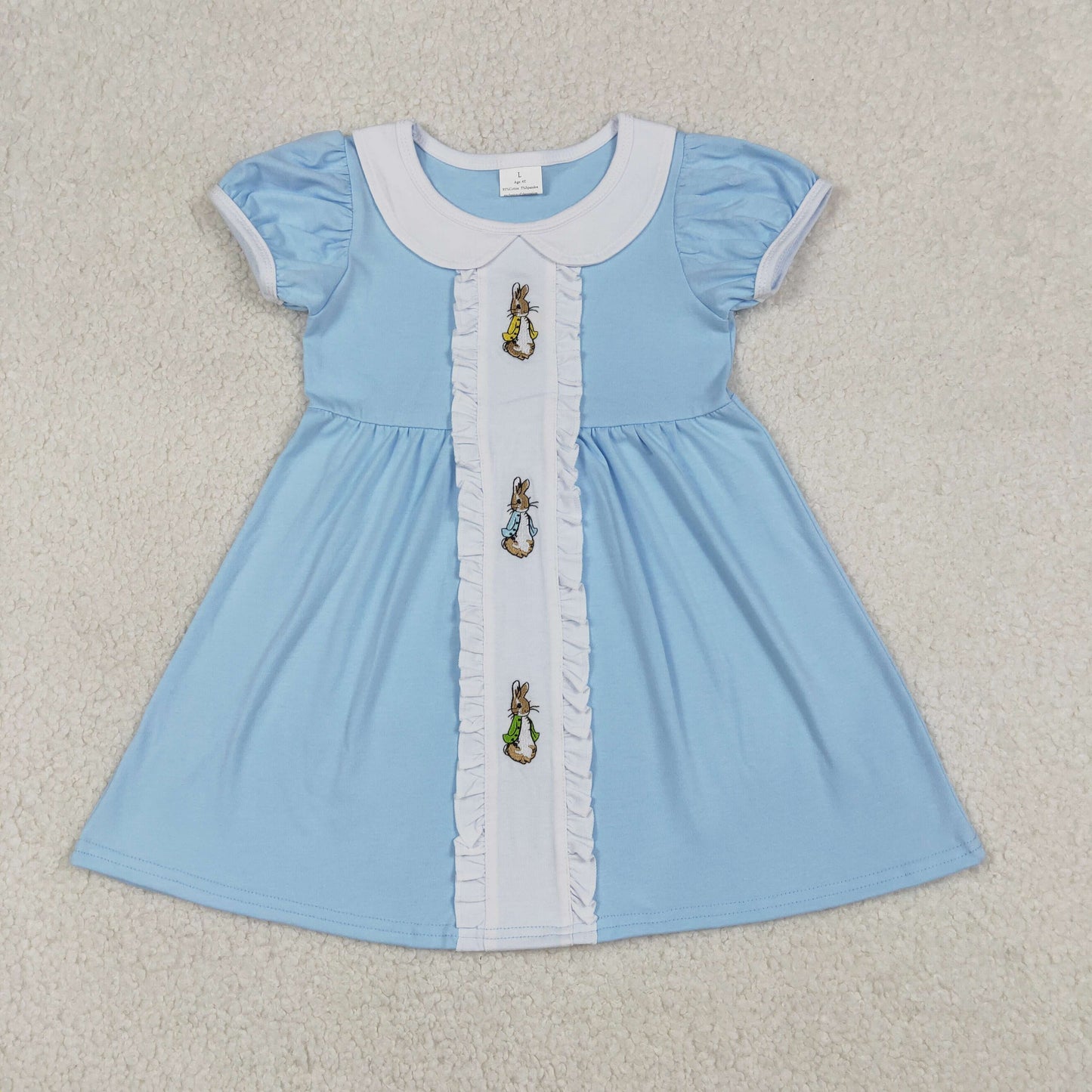 Sibling Baby Girls Short Sleeves Embroidery Rabbits Easter Ruffle Blue Bubble Romper Dress RTS