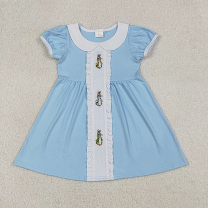 Sibling Baby Girls Short Sleeves Embroidery Rabbits Easter Ruffle Blue Bubble Romper Dress RTS