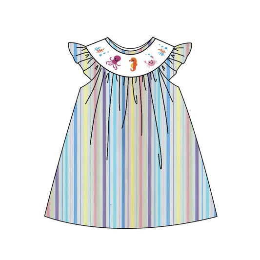 ( Moq 5 ) Preorder Baby Girls Short Sleeves Sea Animals Stripes Knee Length Dress