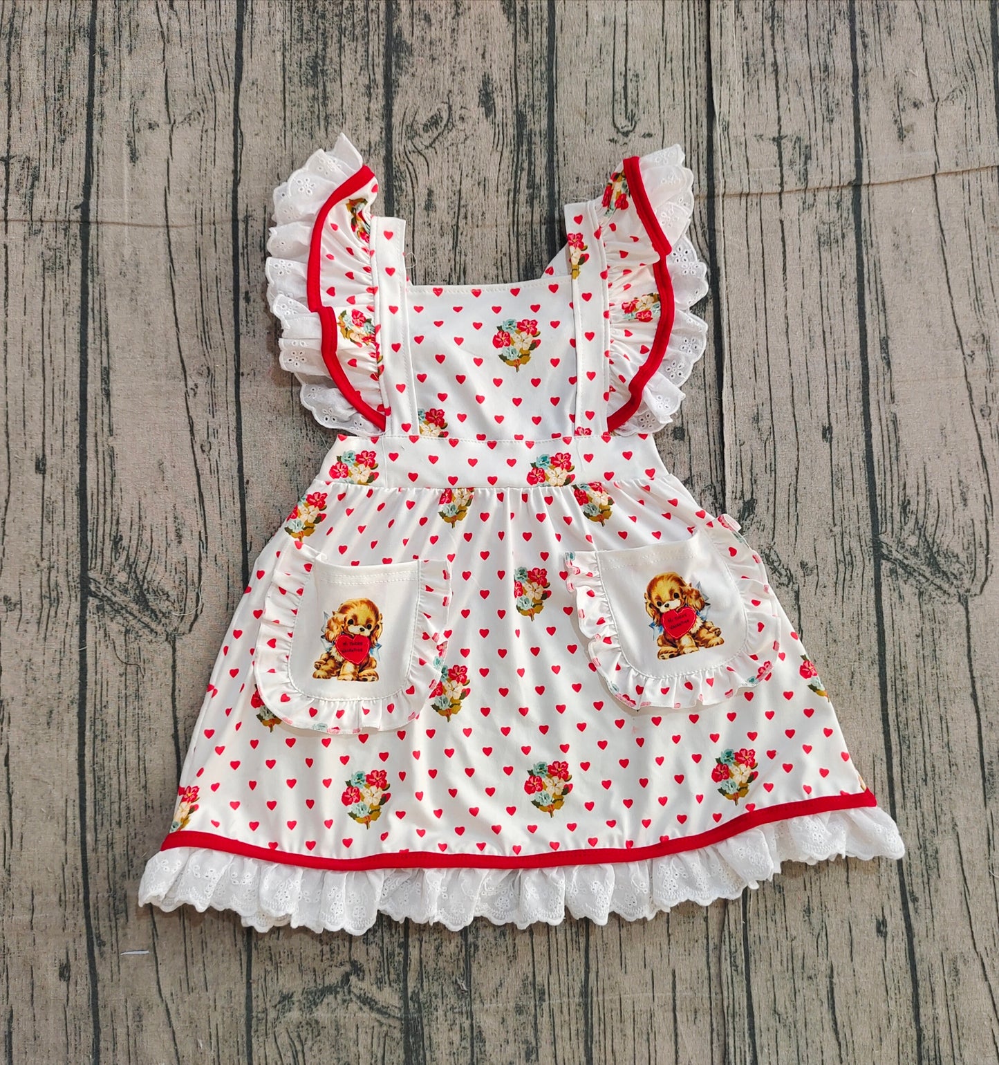 Baby Girls Hearts Flower Valentine Dogs Pockets Knee length Dress RTS