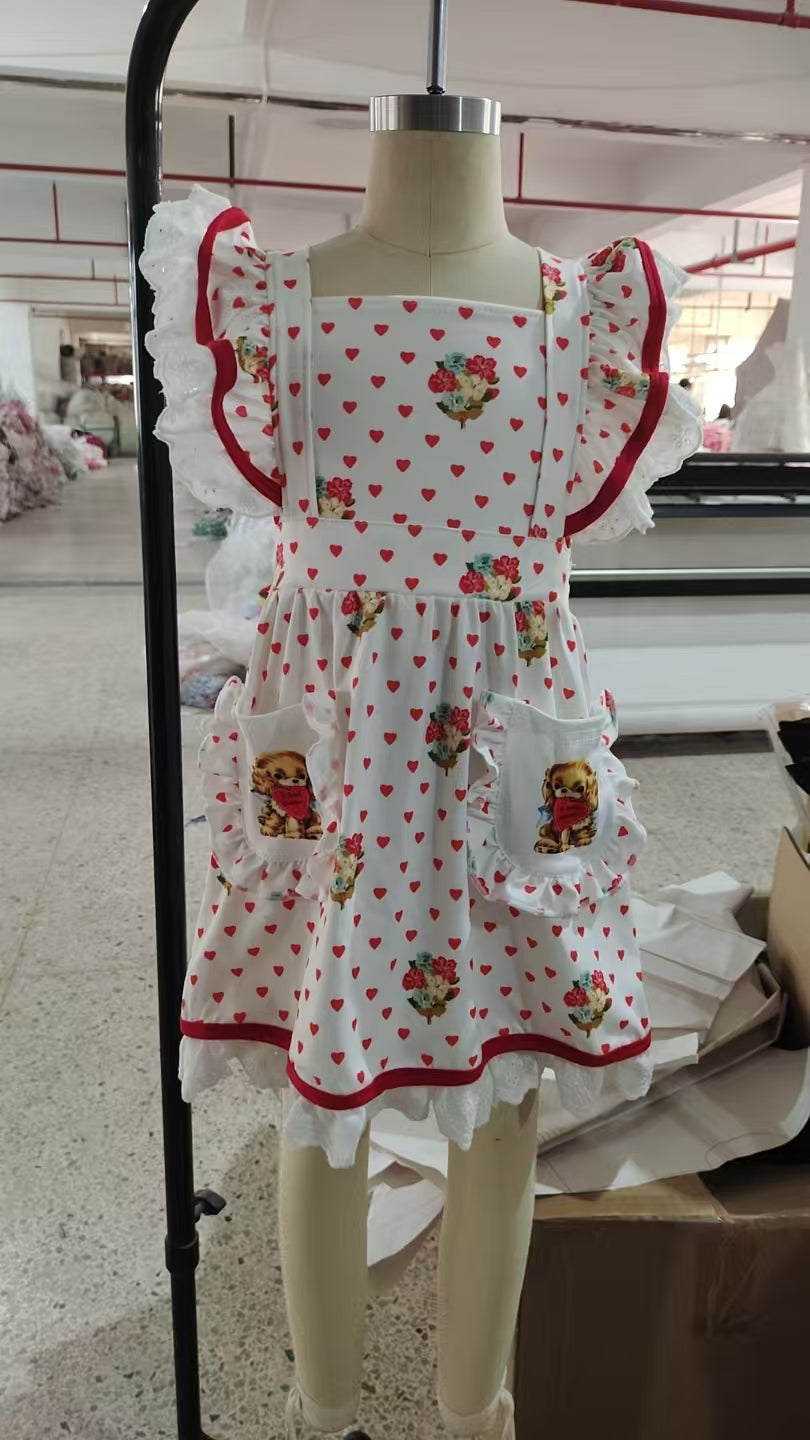 Baby Girls Hearts Flower Valentine Dogs Pockets Knee length Dress RTS