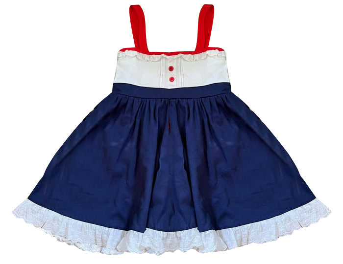 ( Moq 5 ) Preorder Baby Girls Straps Buttons July 4th Ruffle Knee length Dress