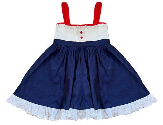 ( Moq 5 ) Preorder Baby Girls Straps Buttons July 4th Ruffle Knee length Dress