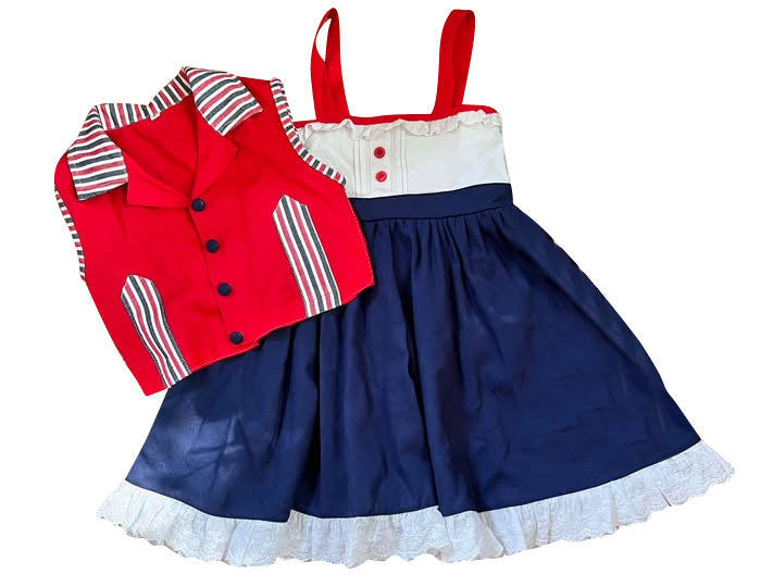 ( Moq 5 ) Preorder Baby Girls Pockets Buttons Red Tops Straps Dress July 4th Clothes Set
