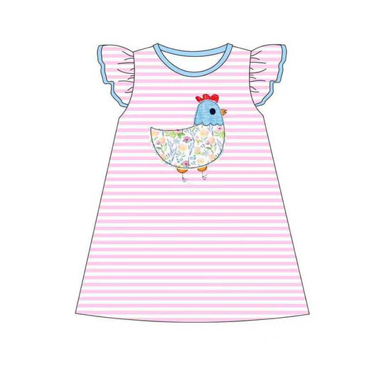 ( Moq 5 ) Preorder Baby Girls Floral Chicken Pink Stripes Knee length Dress