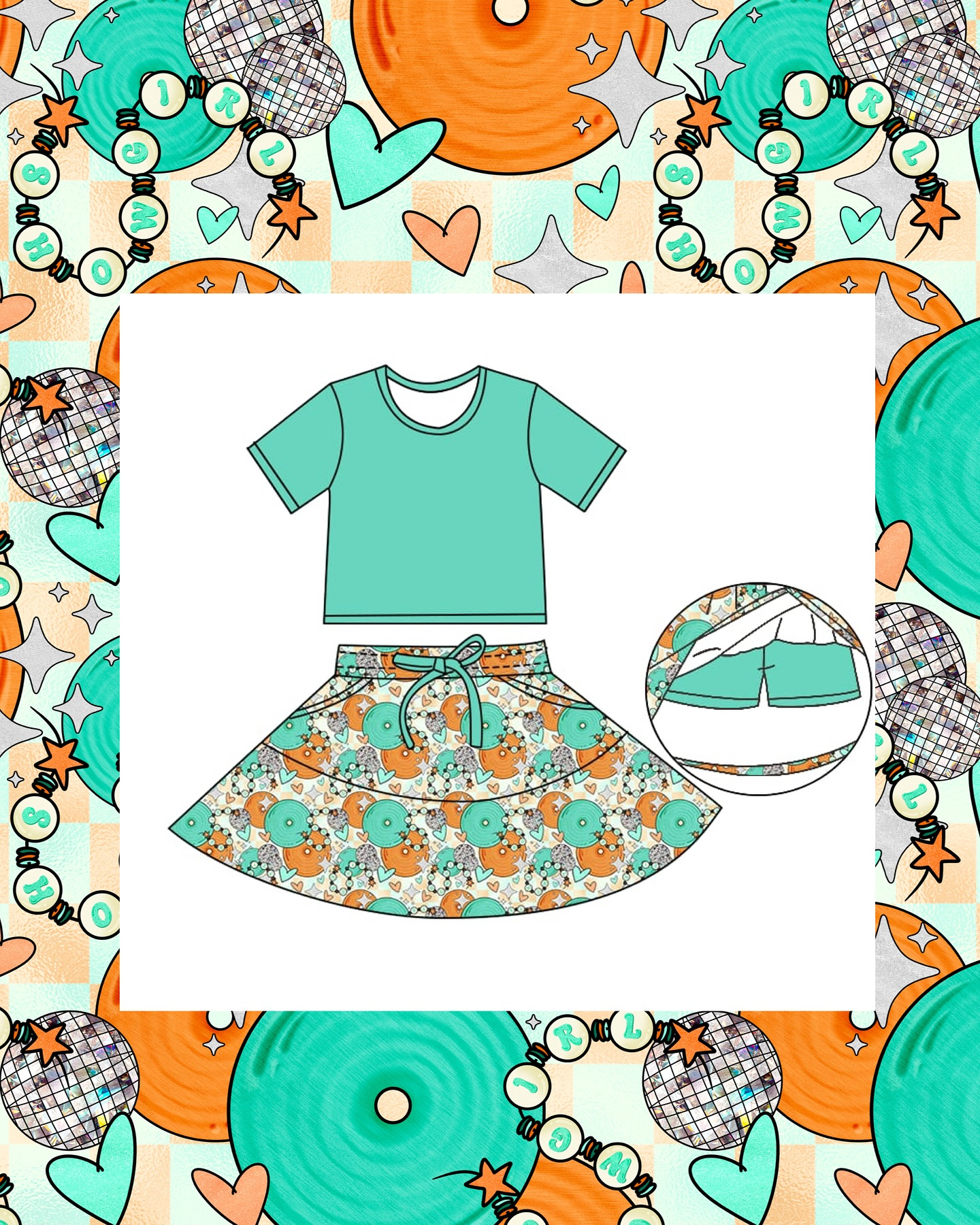 ( Moq 5 ) Preorder Baby Girls Short Sleeves Green Shirt Hearts Pockets Shorts Skirt Clothes Set