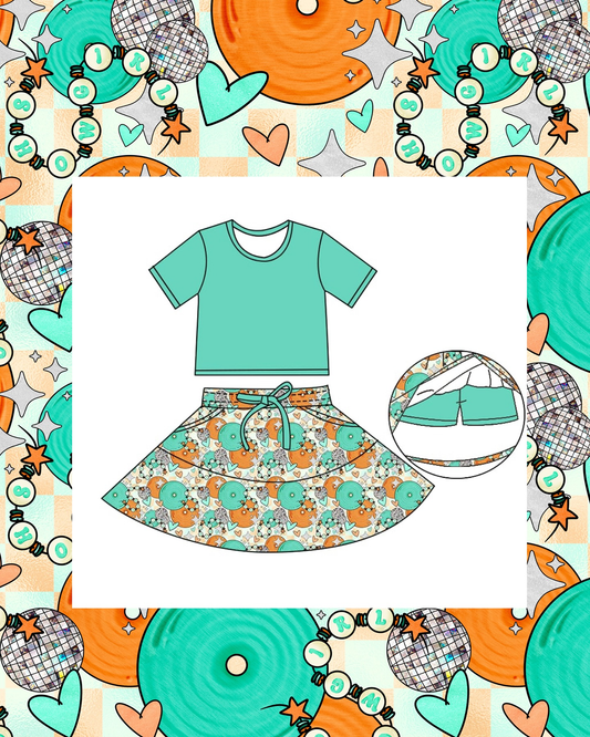 ( Moq 5 ) Preorder Baby Girls Short Sleeves Green Shirt Hearts Pockets Shorts Skirt Clothes Set