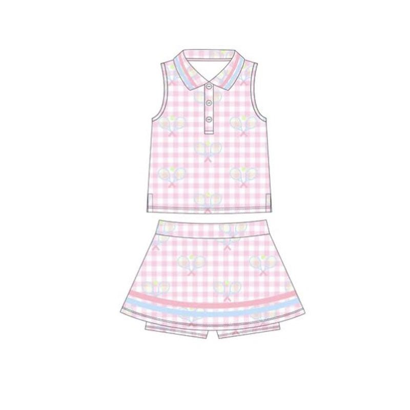 ( Moq 5 ) Preorder Baby Girls Tennis Plaid Buttons Tops Skirt Shorts Yoga Clothes Pink Set
