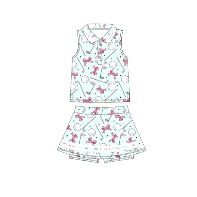 ( Moq 5 ) Preorder Baby Girls Golf Bows Buttons Tops Skirt Shorts Yoga Clothes Set