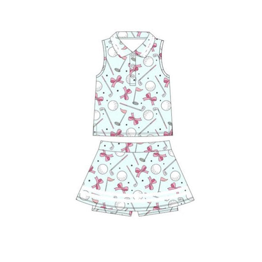 ( Moq 5 ) Preorder Baby Girls Golf Bows Buttons Tops Skirt Shorts Yoga Clothes Set
