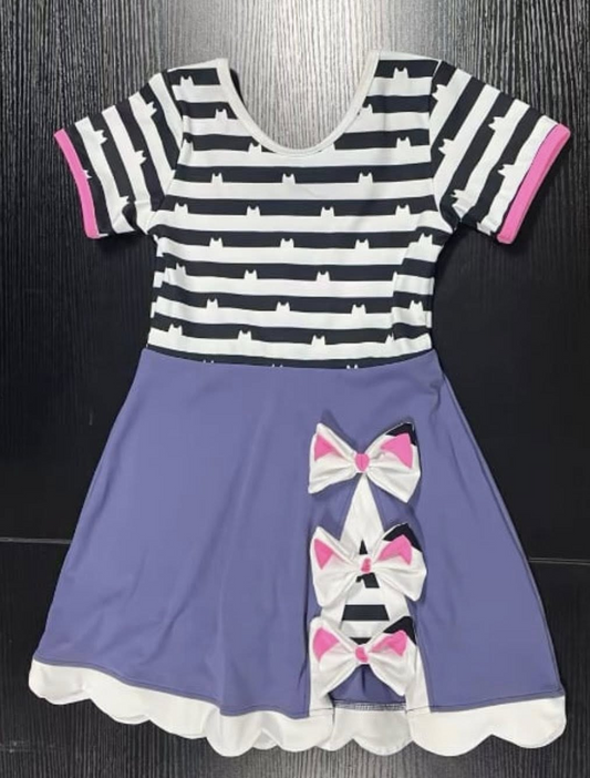 ( Moq 5 ) Preorder Baby Girls Short Sleeves Stripes Bows Ruffle Knee length Dress
