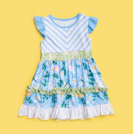 ( Moq 5 ) Preorder Baby Girls Short Sleeves Rabbits Flower Stripes Easter Ruffle Dress