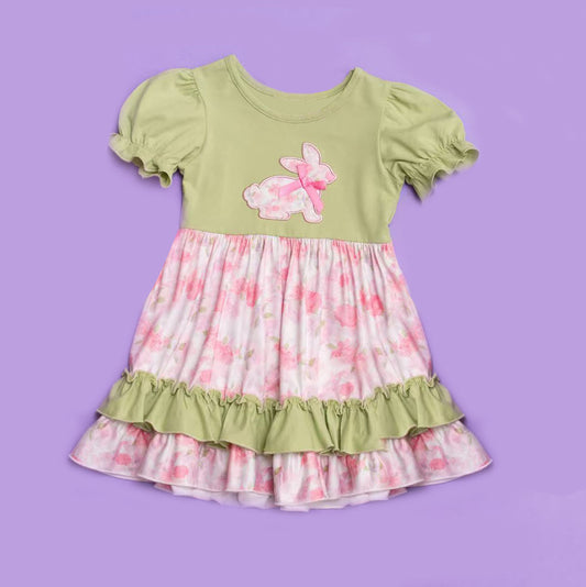 ( Moq 5 ) Preorder Baby Girl Short Sleeves Rabbits Flower Easter Ruffle Knee Length Dress