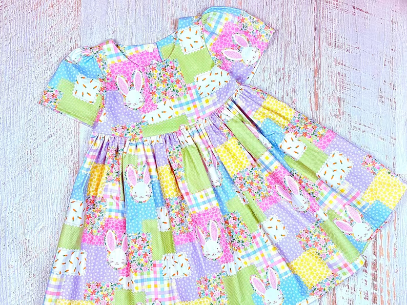 ( Moq 5 ) Preorder Baby Girls Short Sleeves Rabbits Floral Plaid Easter Knee Length Dress
