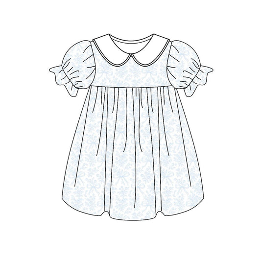 ( Moq 5 ) Preorder Baby Girls Short Sleeves Blue Bows Floral Knee Length Dress