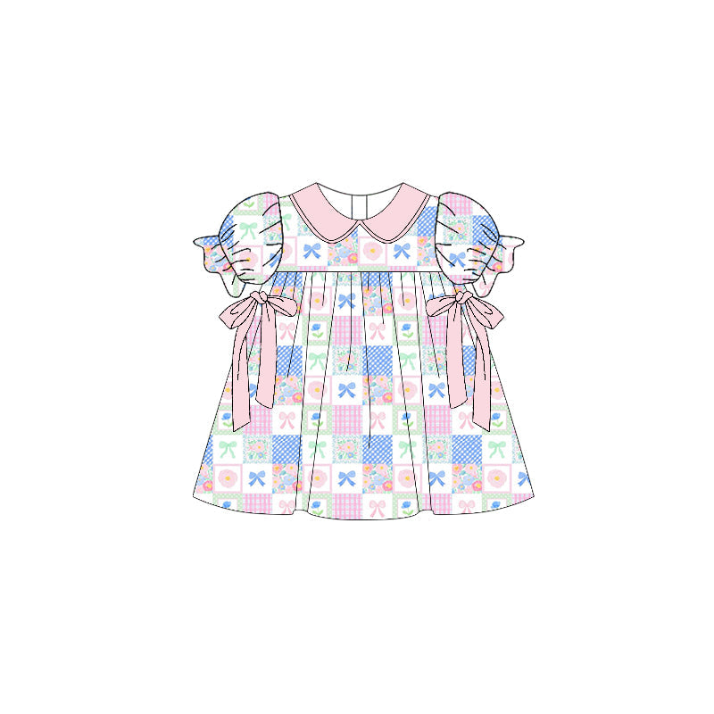 ( Moq 5 ) Preorder Baby Girls Short Sleeves Flower Bows Knee Length Dress