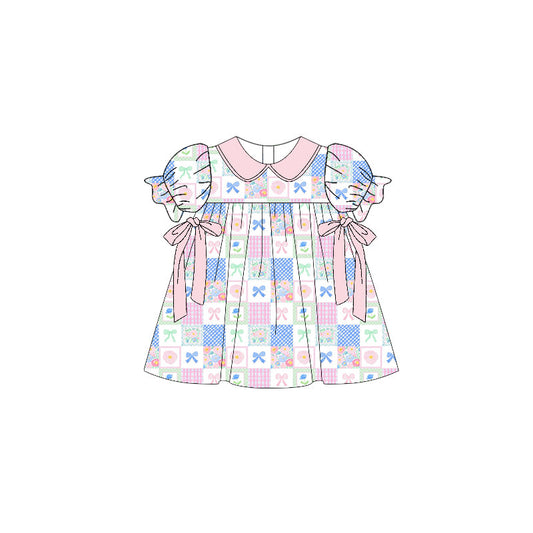 ( Moq 5 ) Preorder Baby Girls Short Sleeves Flower Bows Knee Length Dress