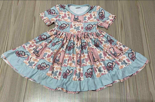 ( Moq 5 ) Preorder Baby Girls Short Sleeves Western Boots Hats Bows Camo Knee Length Dress