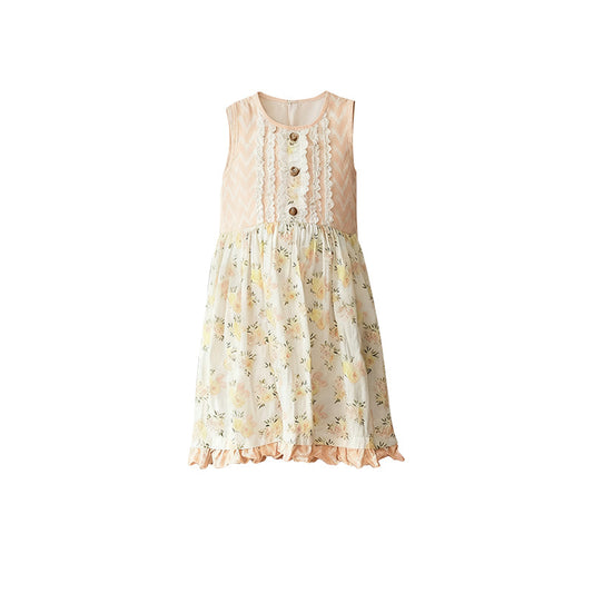 ( Moq 5 ) Preorder Baby Girls Sleeveless Floral Buttons Ruffle Knee Length Dress