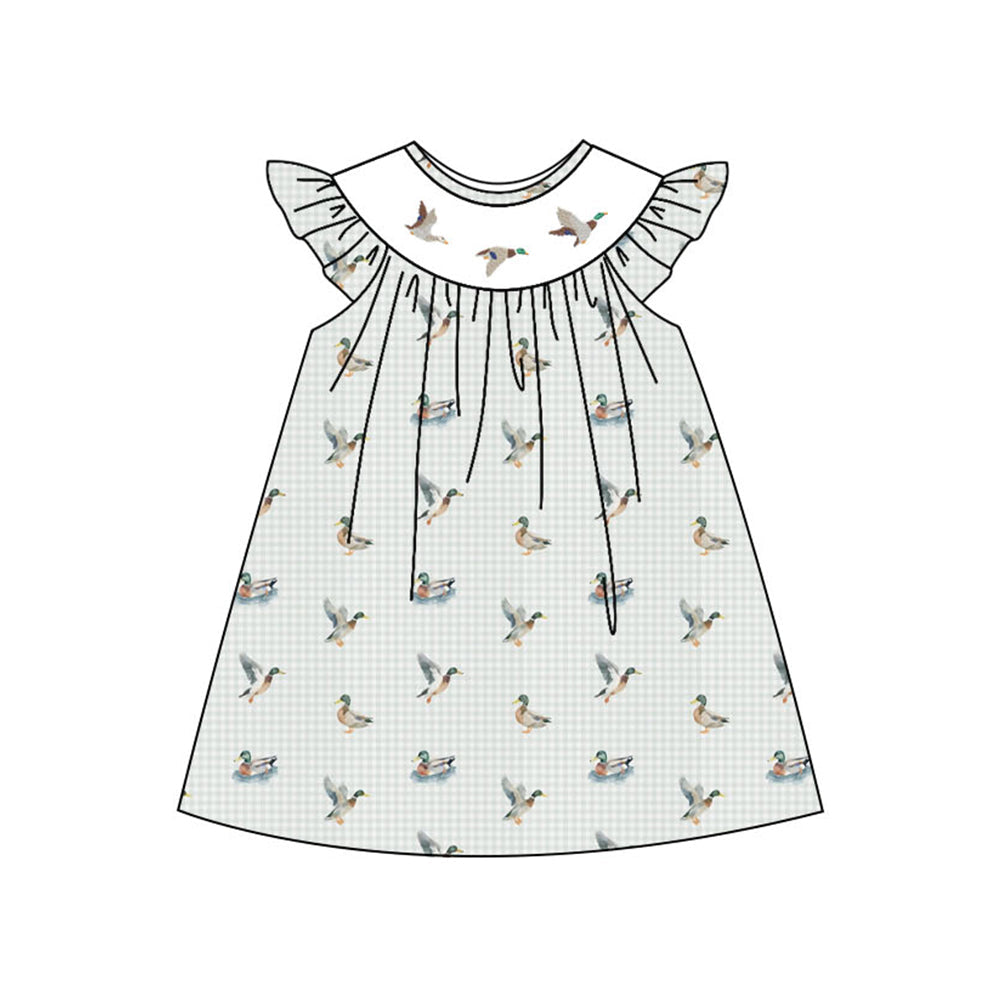 ( Moq 5 ) Preorder Baby Girls Kids Short Sleeves Ducks Plaid Knee Length Dress