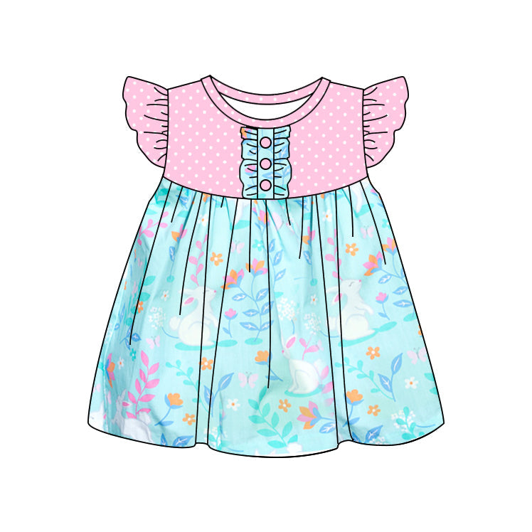 ( Moq 5 ) Preorder Baby Girls Pink Short Sleeves Rabbits Flower Easter Knee Length Dress