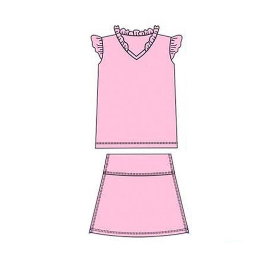 ( Moq 5 ) Preorder Baby Girls Short Sleeves Shirt Skirt with Shorts Yoga Pink Set