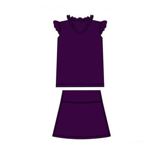 ( Moq 5 ) Preorder Baby Girls Short Sleeves Shirt Skirt with Shorts Yoga Dark Purple Set