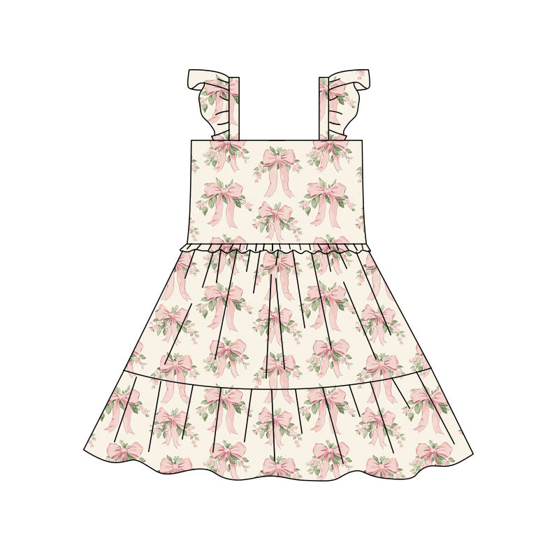 ( Moq 5 ) Preorder Baby Girls Short Sleeves Bows Flower Ruffle Knee Length Dress