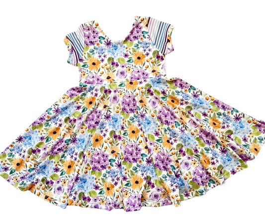 ( Moq 5 ) Preorder Baby Girls Stripes Short Sleeves Flower Knee Length Dress