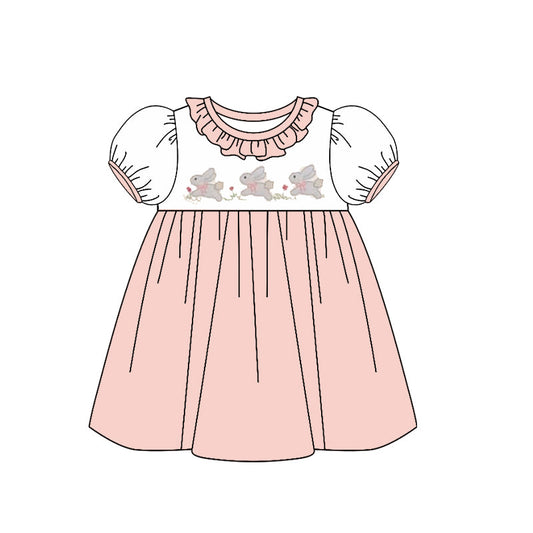 ( Moq 5 ) Preorder Baby Girls Short Sleeves Rabbits Ruffle Easter Knee length Dress